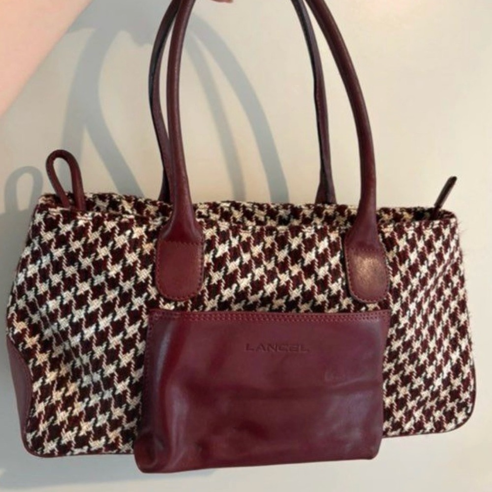 Lancel vintage 1990s tweed and leather Burgundy and White Houndstooth bag